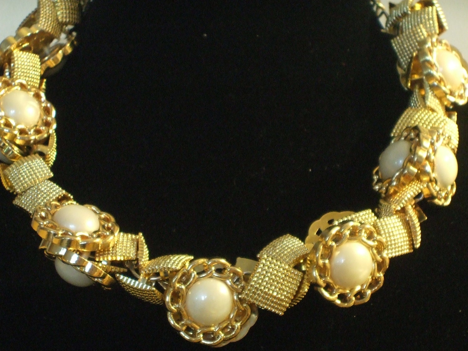 CHUNKY-Vintage Inspired Pearl and Gold-Buttons- Necklace-Costume Jewelry-High Fashion-Statement-LIGHTWEIGHT-"ABSTRACTION"