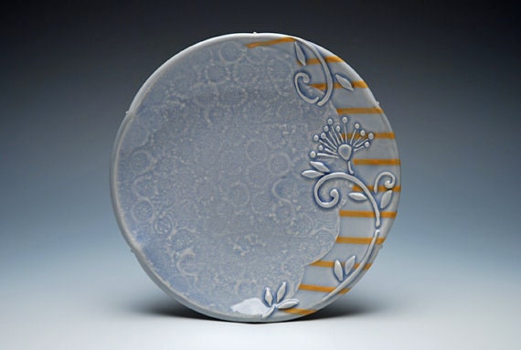 Small plate, Serving / dessert, Victorian modern floral in Periwinkle blue w. tangerine stripes