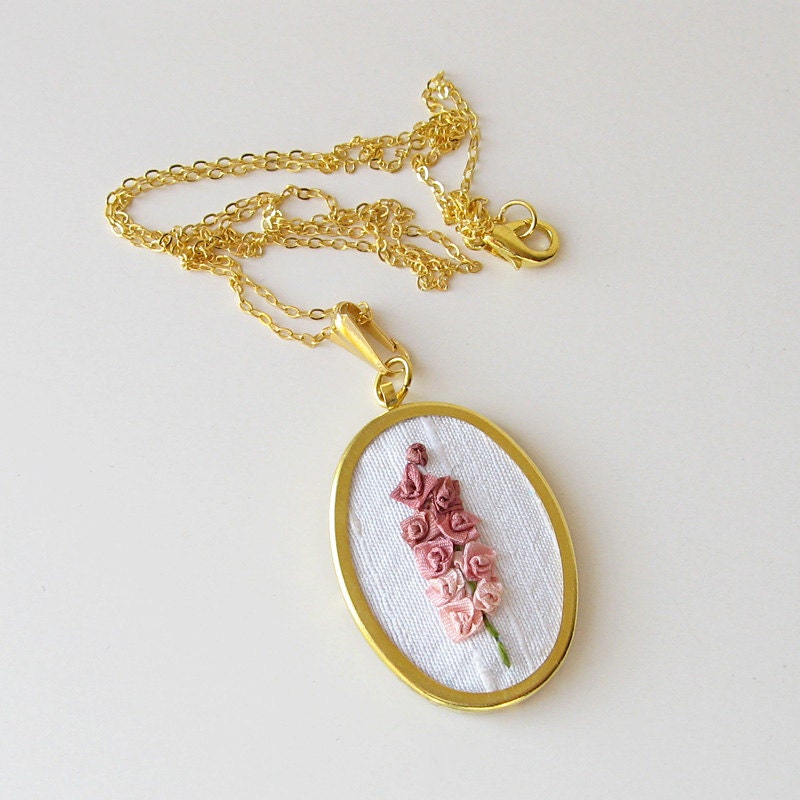 Coral Ombre Flower Cluster Necklace hand embroidered silk ribbon