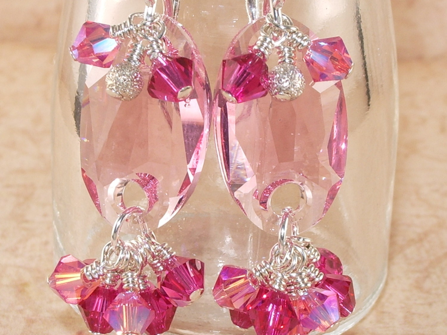 Pink Earrings, Swarovski, Crystal, Dangle, Cluster, Pink, Sterling Silver, Stacked, Handmade Earrings