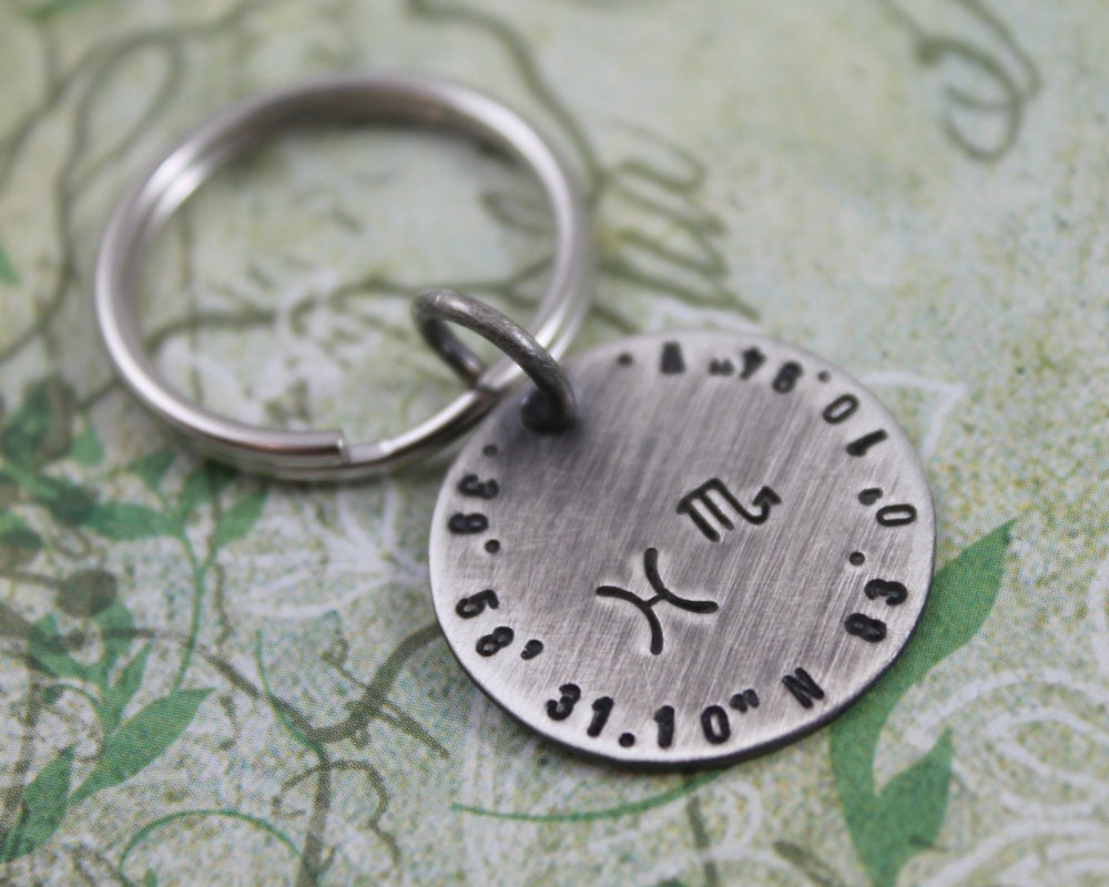 Men's Keychain Personalized, Anniversary gift for Husband with Latitude and Longitude of Location, Zodiac Signs of Couple, Sterling Silver