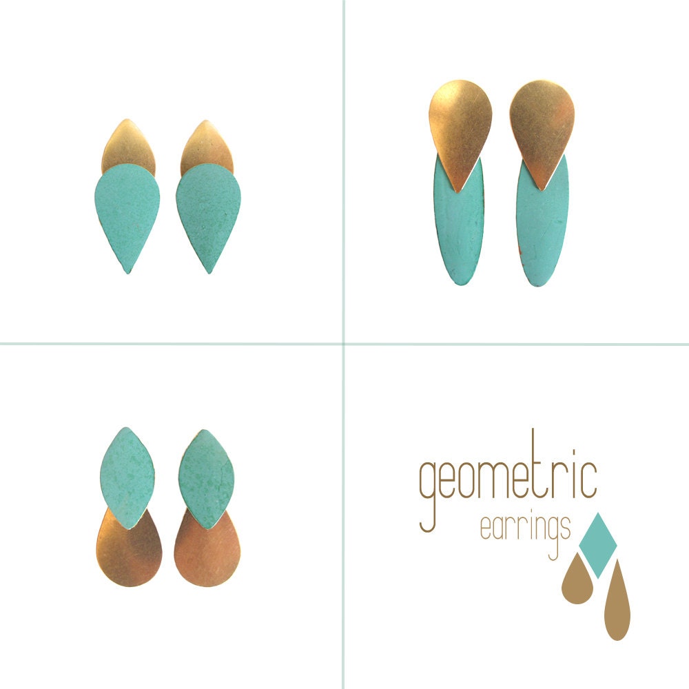 stud earrings - geometric jewelry - golden metal verdigris patina - rhombus - drops