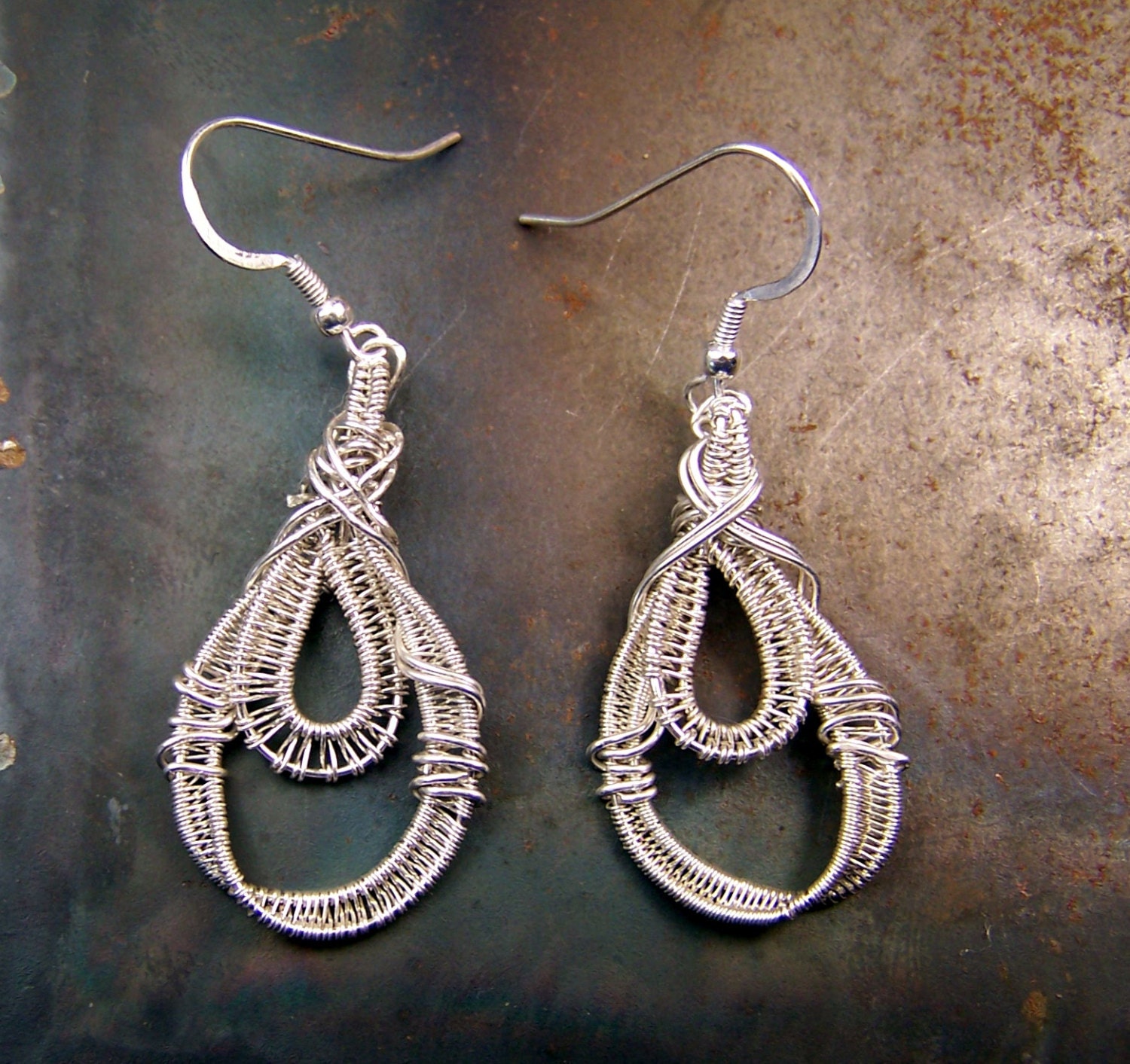 Sterling Silver wire wrap earrings - French Hook ear wires - Elaborate unique - weaving - tear drop - intricate - argentium hoop