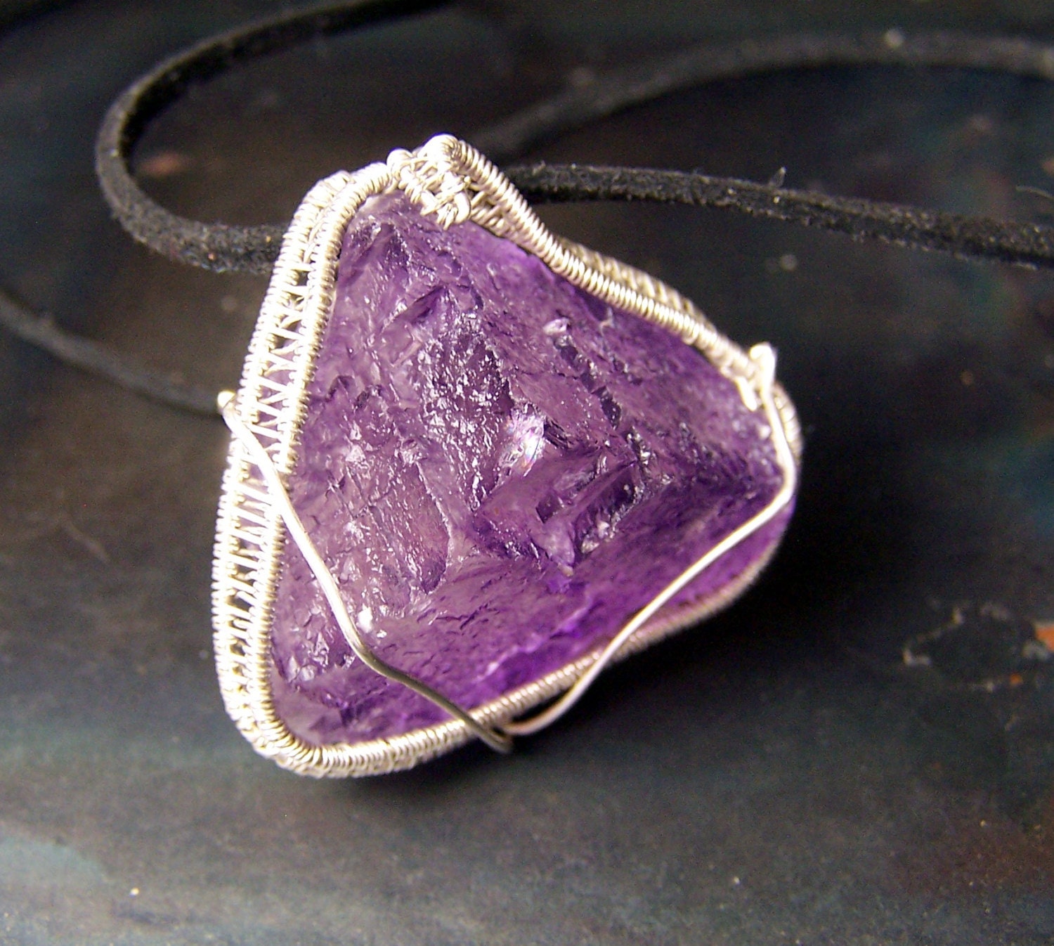 Fluorite crystal  necklace pendant - Sterling Silver wire wrap - natural purple Fluorite cluster cube - crystal gem mineral - mandalarain