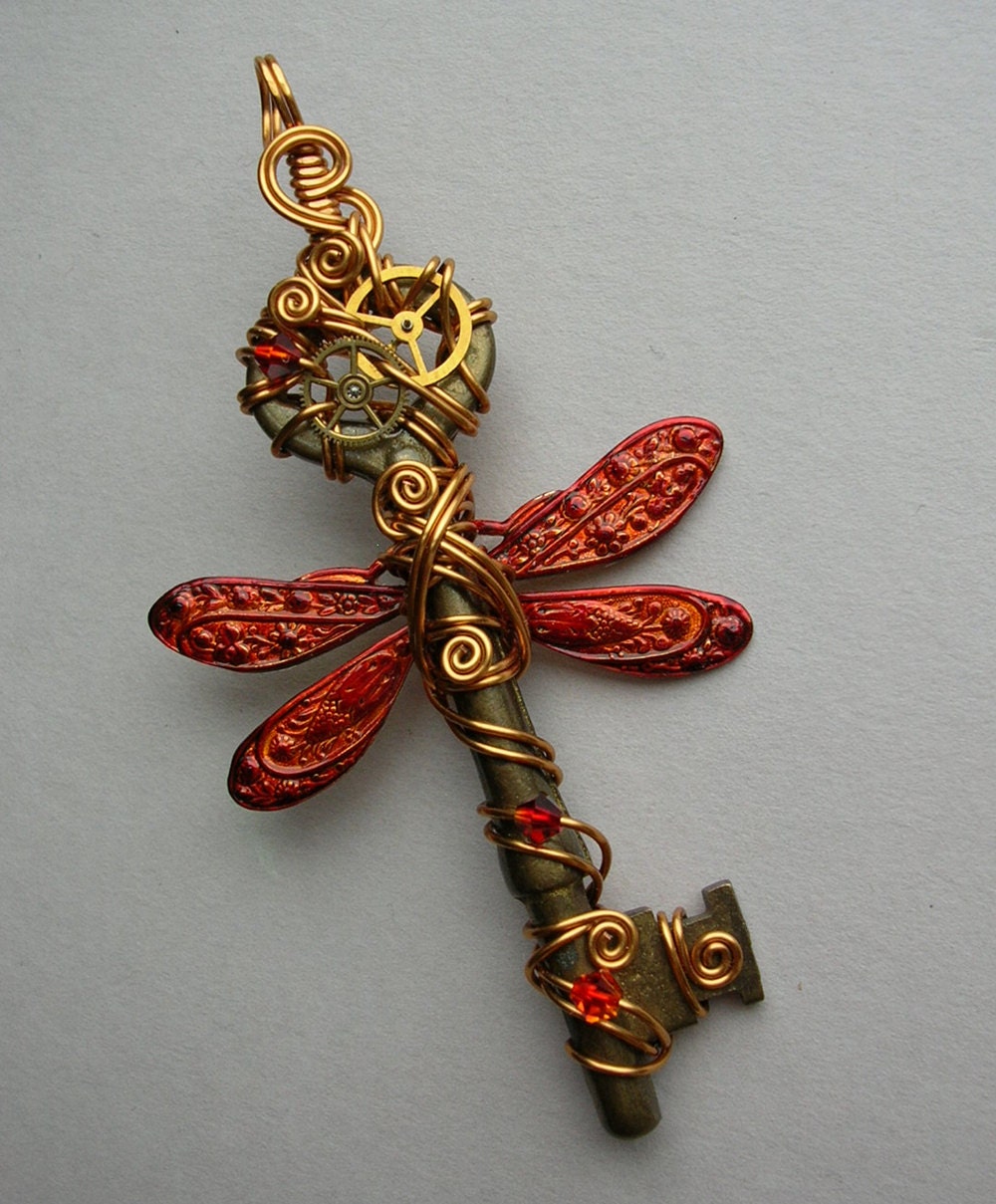 Flame Dragonfly Winged Key Pendant -- Red Steampunk Winged Clockwork Key Wire Wrapped with Gears, Gold Wire, Crystals (Key to Time)