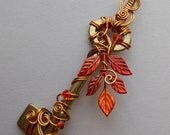 Fire Tree Wire Wrapped Key Pendant -- Flame-red leaves, golden wire, brass key, fire opal and red orange crystals -- sparks and embers