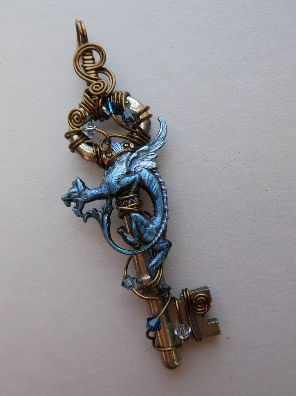Medieval Dragon Key Pendant -- Blue Inked Beast on Wire Wrapped Antique Key, Vintage Bronze Wire and Blue Crystals