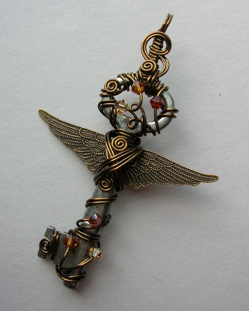 Winged Key Pendant -- Steampunk Wire Wrapped Brass Winged Key with Autumn Swarovski Crystals, Antique Brass Wire