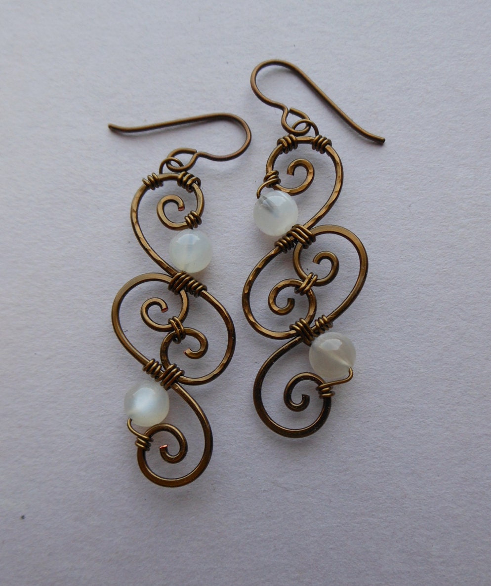 Brass Wire Spiral Earrings -- Moonstone and Antique Brass Swirl Wire Wrapped Filigree Earrings -- Elegant Victorian