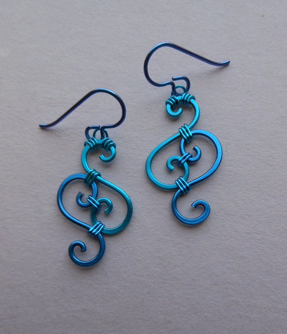 Blue Wire Spiral Earrings -- Turquoise and Dark Blue Swirl Wire Wrapped Filigree Earrings, Blue Niobium Ear Wires