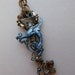 Medieval Dragon Key Pendant -- Blue Inked Beast on Wire Wrapped Antique Key, Vintage Bronze Wire and Blue Crystals