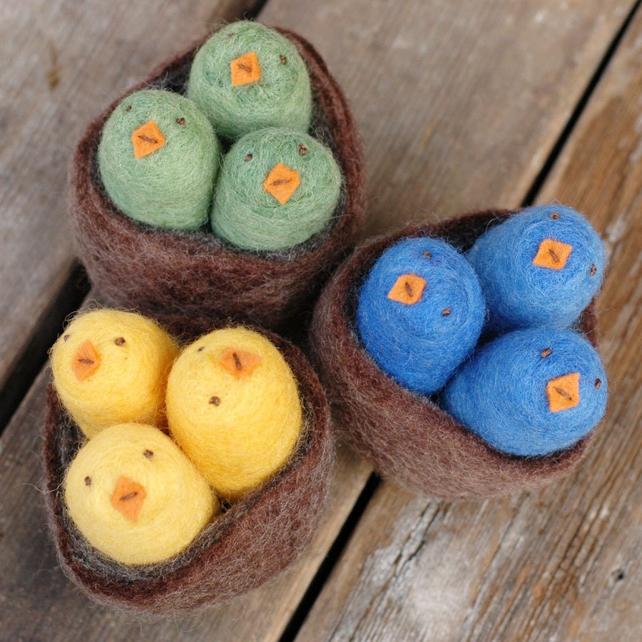 Baby Birds in a Nest - Felted Natural Toy in Blue