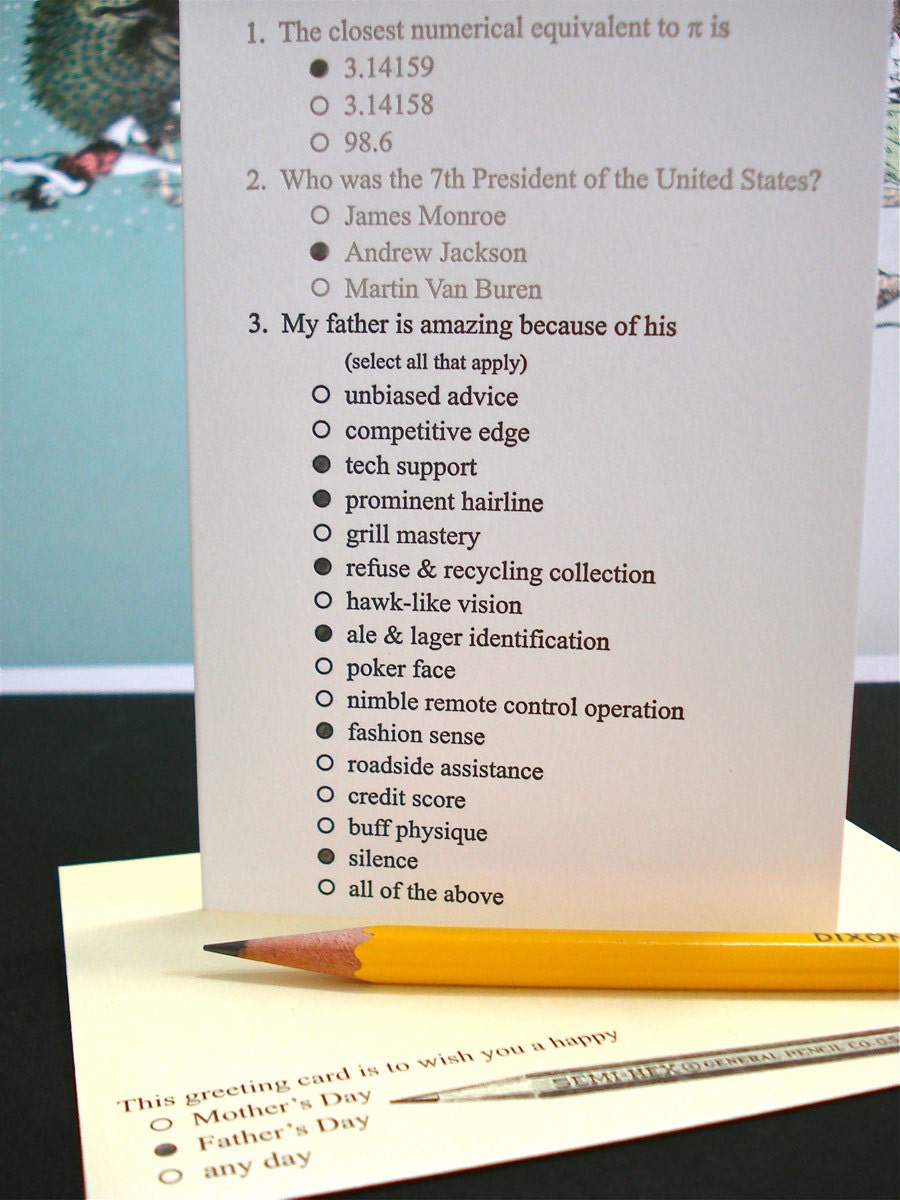 Pop Quiz - letterpress father's day greeting