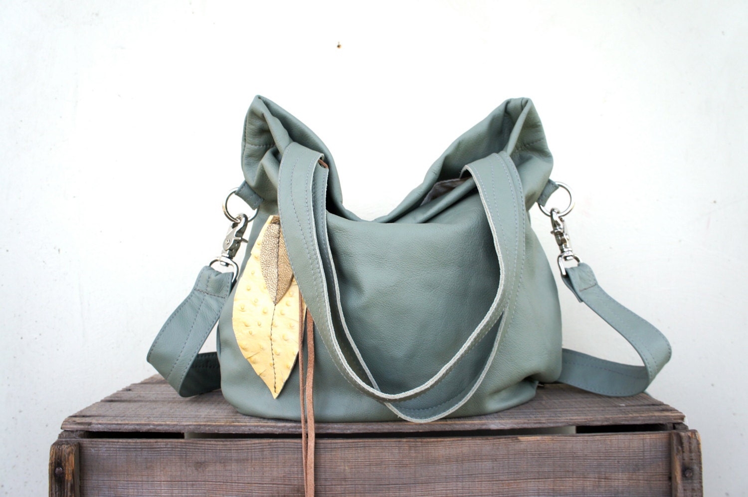 NEW///Agatha Fold Over in Pale Green Leather with Clip On Adjustable Strap