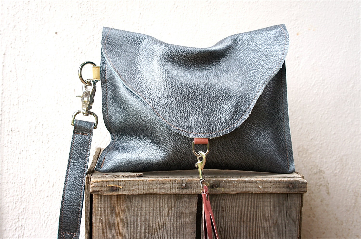 NEW//Silver Grey Leather Clutch with Wristlet Strap