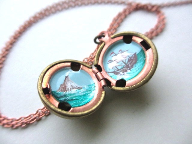 Tropical Sailing Locket, Hand-painted Pendant, Aqua Sea and Volcano Adventure