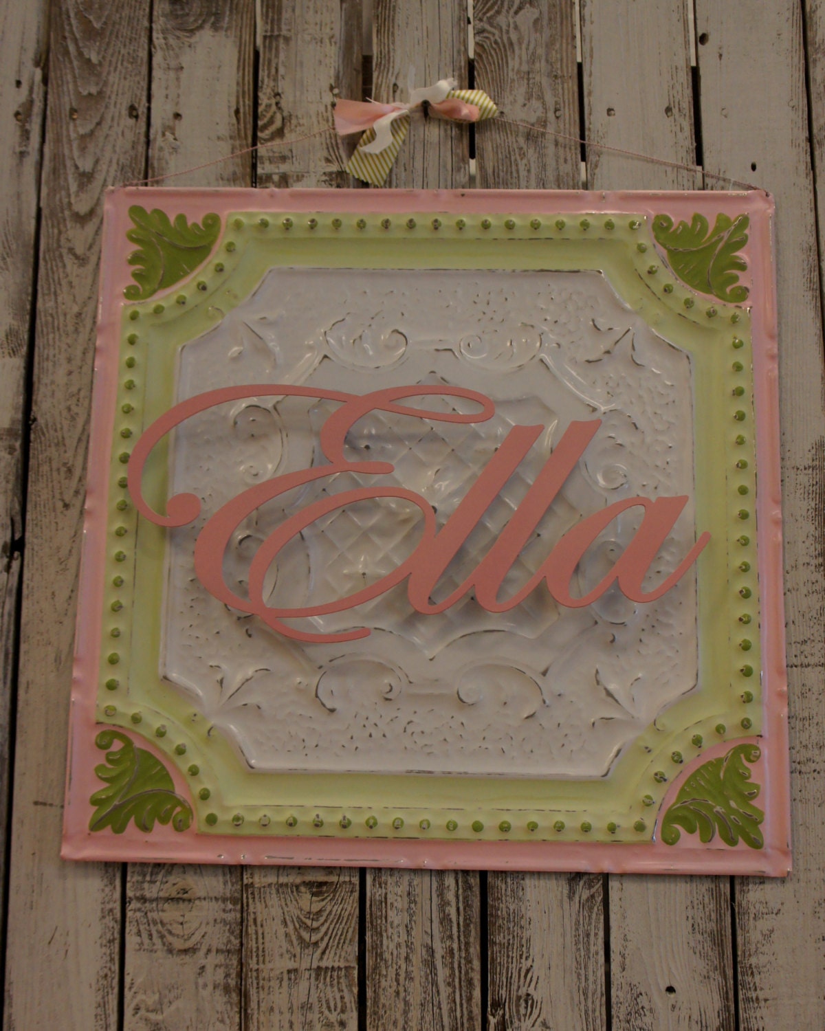 Custom Hand Painted Personalized Plaque with the name "Ella"   24x24 Repurposed Ceiling Tin  with Metal Name