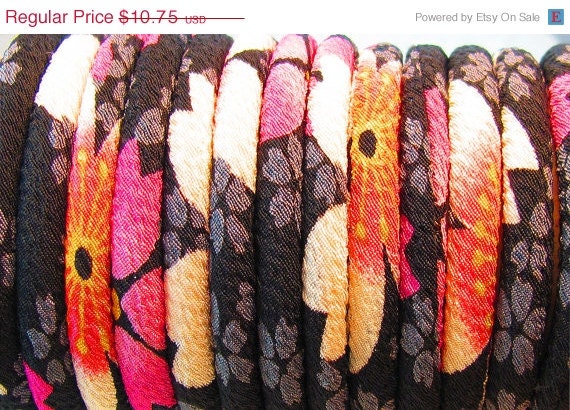 On Sale 36 inches Japanese Chirimen Kimono cord, 5mm, black hot pink coral yellow