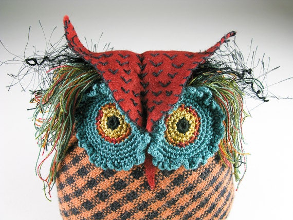Fiber Art Owl Sculpture Plush Owl Teal and Burnt Orange Handwoven and Crochet Owl Textile Art Doll Animal Sculpture