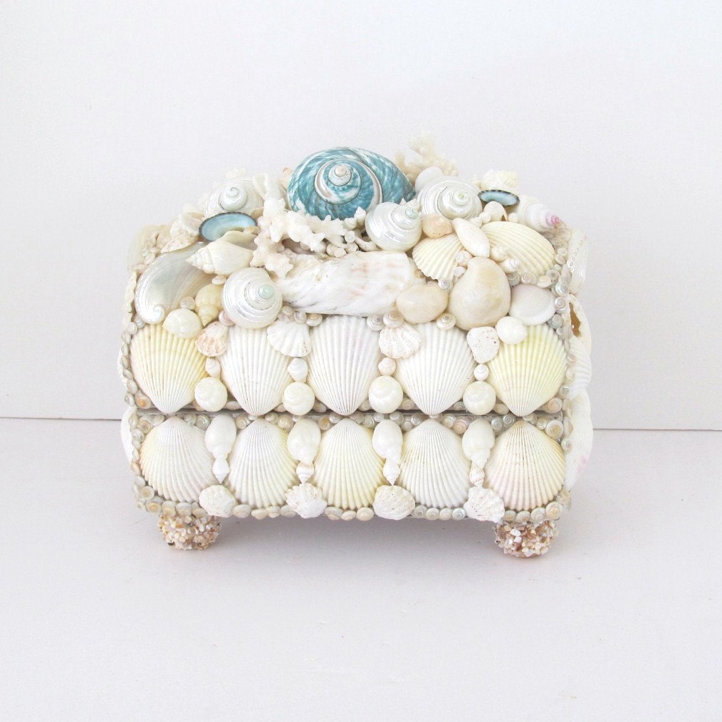 Box Seashells Turquoise Turbo White Coral Aqua and White Shell Box