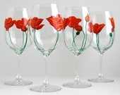 California Poppies Wine Glasses -- Set of 4 Hand Painted Orange Poppy Glasses