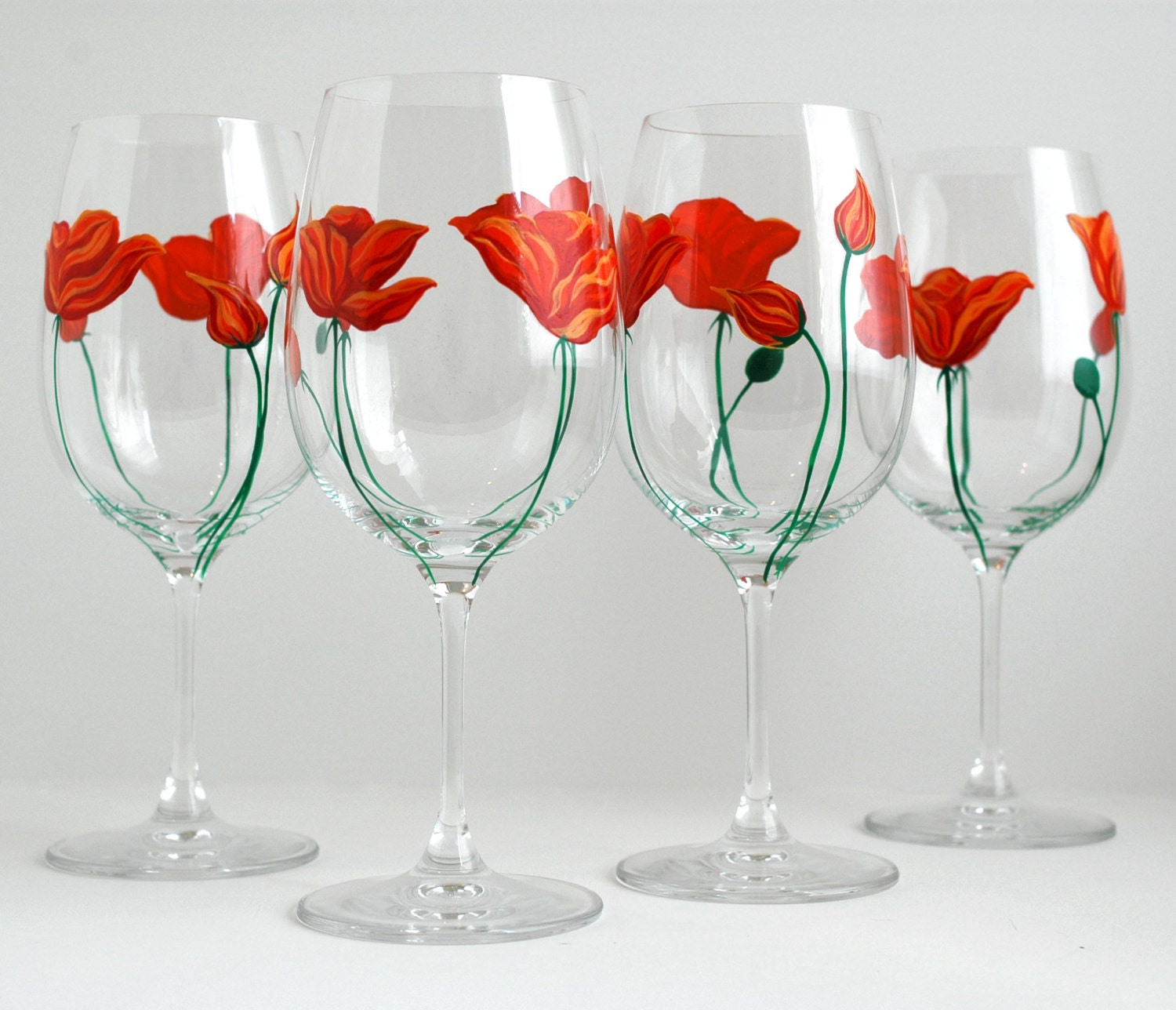 California Poppies Wine Glasses -- Set of 4 Hand Painted Orange Poppy Glasses