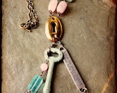 Turquoise skeleton key assemblage necklace with genuine stone beads