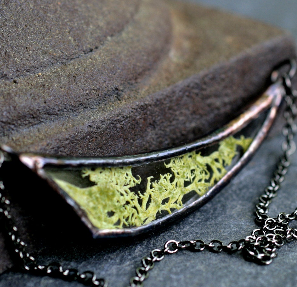 terrarium necklace natural moss lichen jewelry modern asymmetrical necklace woodland lace eco green choker real MOSS DART