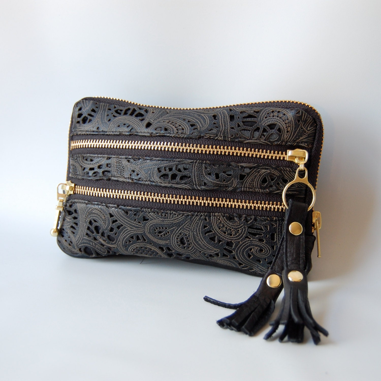 Double zip leather wallet in lazer cut lamb skin