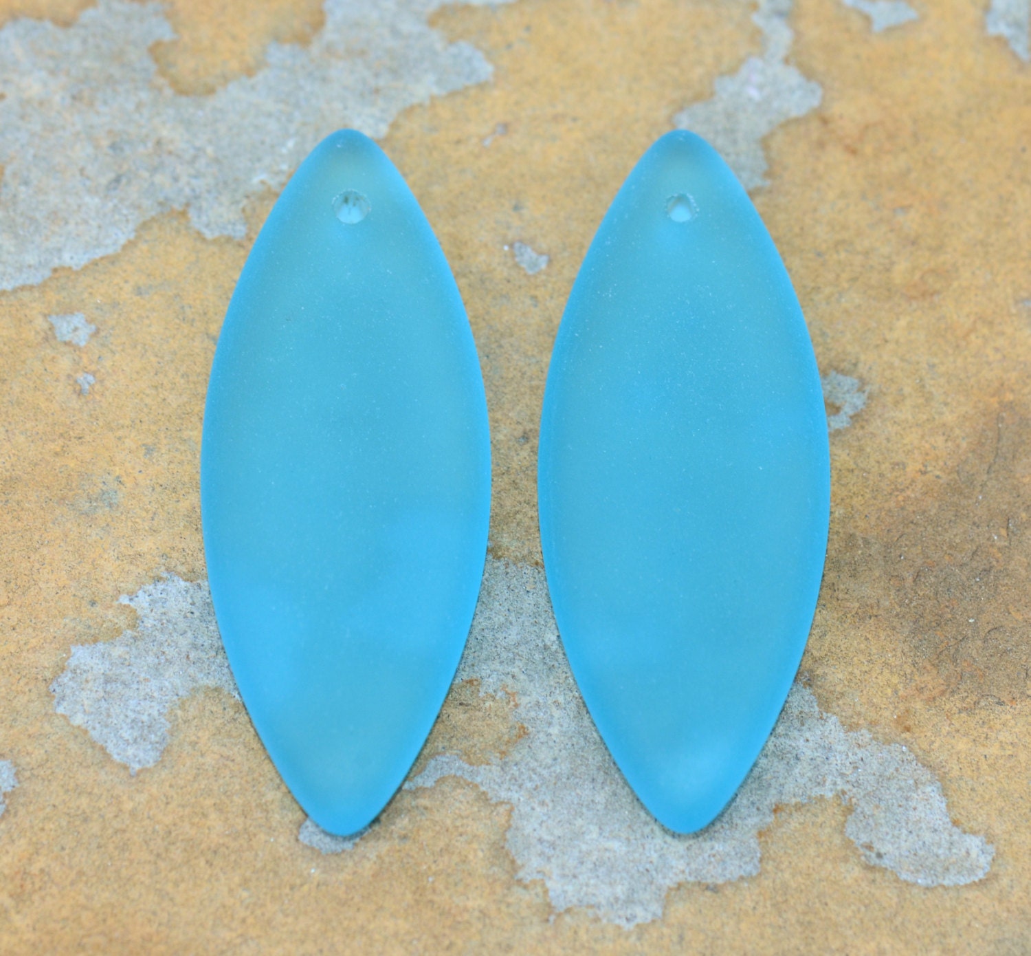 2 Pacific Blue Sea Glass 33mm x 13mm Spindle Marquise Focal Pendant - Beach Glass