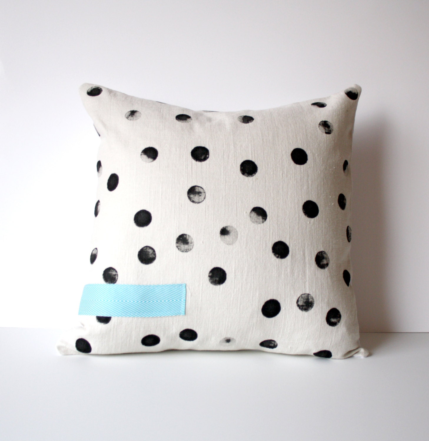Hand Printed Tea Stained Pillow  - Polka Dot - Black - Tan - Turquoise - Mom - Mothers Day Gift