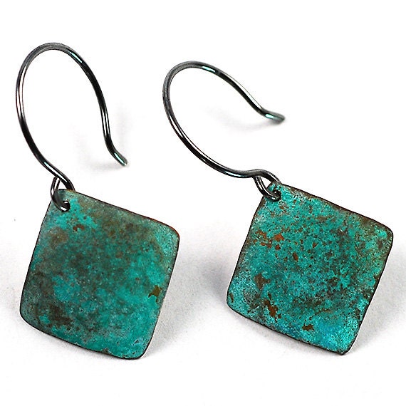 Copper Earrings with Green Patina and Sterling Silver Earwire Dangles