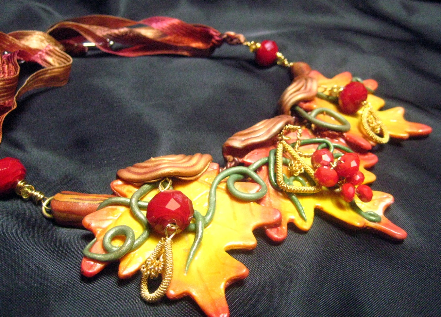 Handmade Polymer Clay Leaf Choker Yellow Red Glass Beads