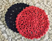 Doily Dish Cloths cottage style round dishcloths in red and navy crochet cotton
