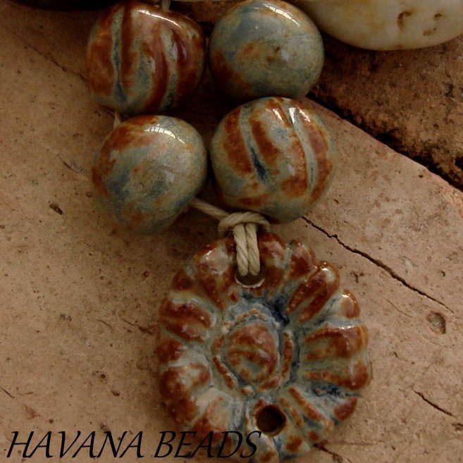 BLUE JEAN DAISY - Handmade Ceramic  Pendant/Connector and Coordinating Beads