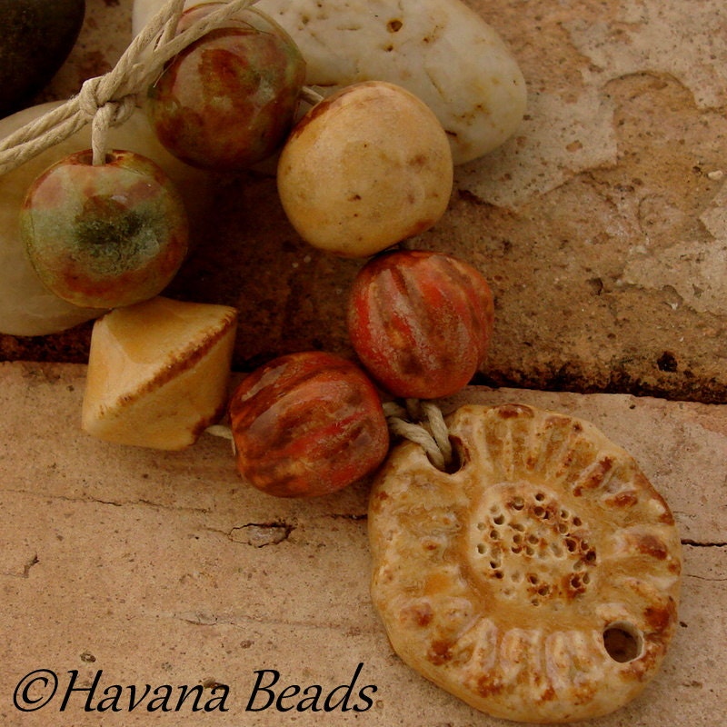 RUSTIC PEACH DAISY - Handmade Ceramic  Pendant/Connector and Coordinating Beads