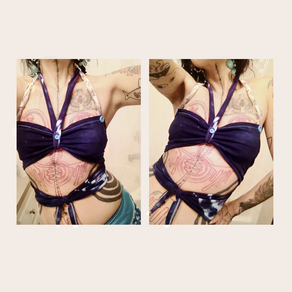 Navy Blue Tie Dye Bandeau, Flirty Tank Top, Goddess Bra, Halter Upcycle, Crude Things Summer Festivals Fashion