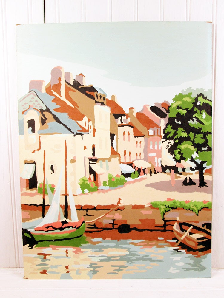 Vintage Paint By Number Painting Sailboat Town Dock Retro PBN Nautical Boat