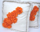 Ivory Decorative Pillows with Orange Fabric Flowers Set of 2