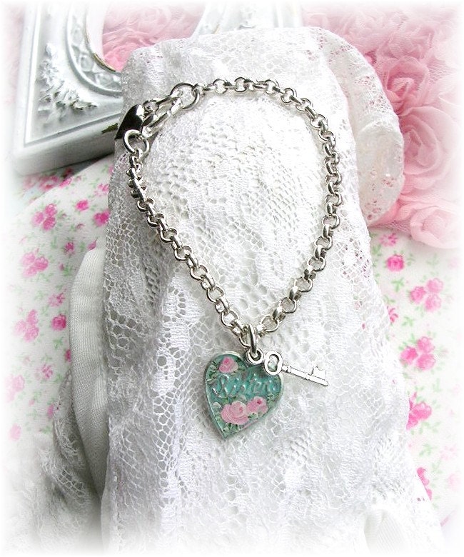 Vintage Style Heart Charm Bracelet for Sister Hand Painted Pink Roses Aqua Green Patina Key Puffy Heart Sweet OOAK