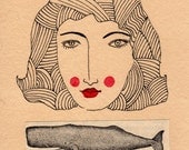 Dreaming of the Ocean- Petite Original Drawing with vintage frame Whale Ocean Nautical Sea Marine Original art