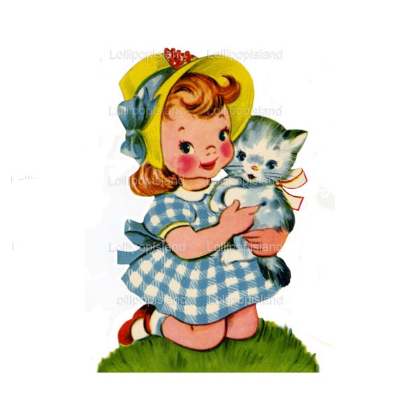 INSTANT DOWNLOAD Girl Holding a Kitten - ready to print digital image (Little girl no.1125-W) cute for DIY paper and fabric crafts - jpg png
