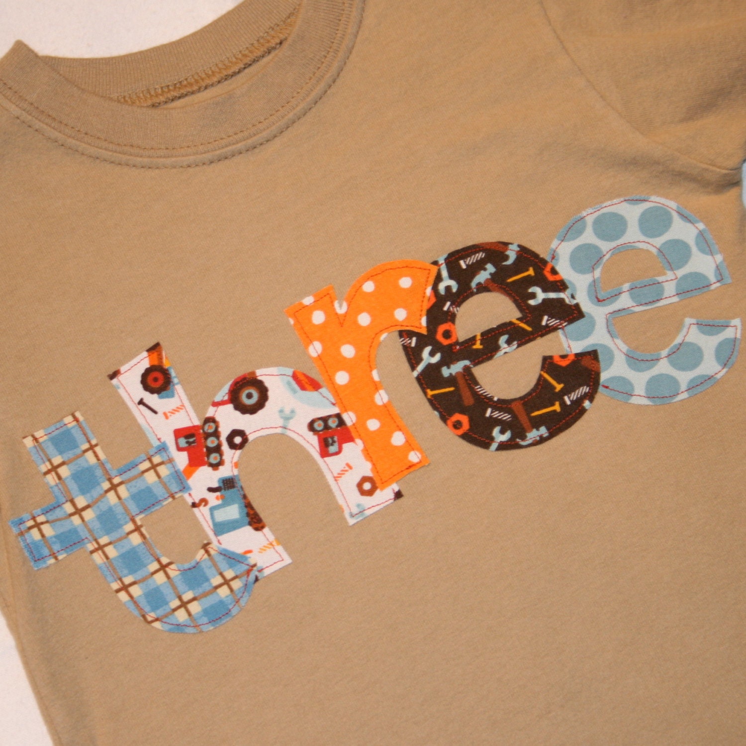 Boys THREE shirt for 3rd Birthday  - 3t long sleeved tan tshirt - lettering in brown blue and orange construction