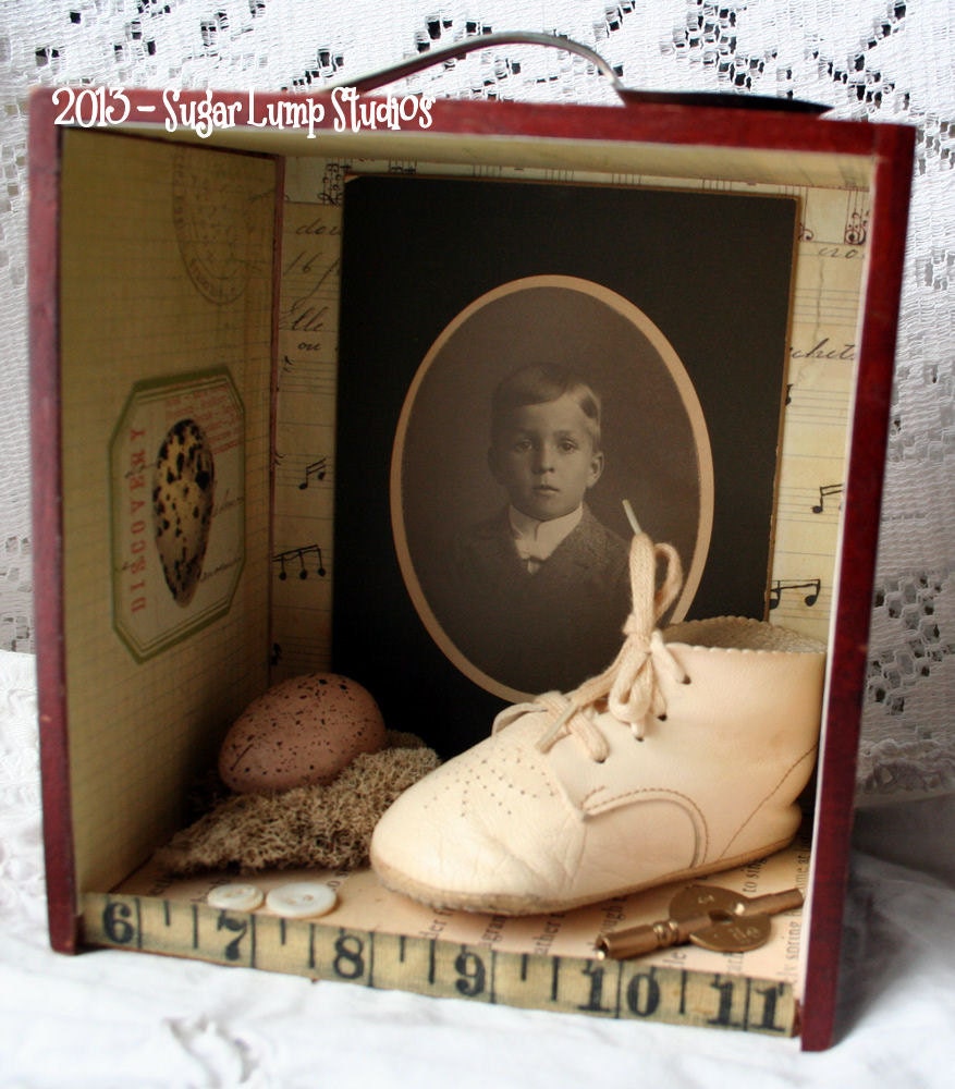 MY BEAU Altered Cabinet Card Cigar Box with vintage baby shoe