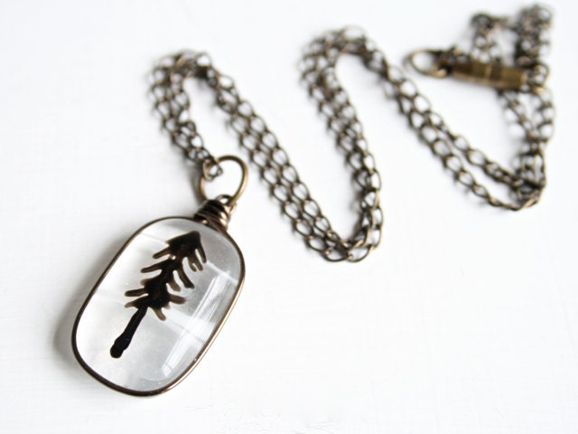 Transparent Glass Pendant with Hand Painted Tall Tree Silhouette - 18" Necklace