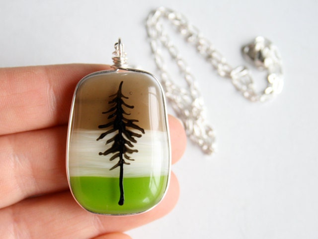 Fused Glass Pendant with Hand Painted Tree Silhouette - Necklace Brown / Cream / Green