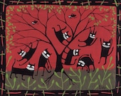 Black Cats Dancing ACEO Print - Whimsical Folk Art Animal Trading Card - Red and Green