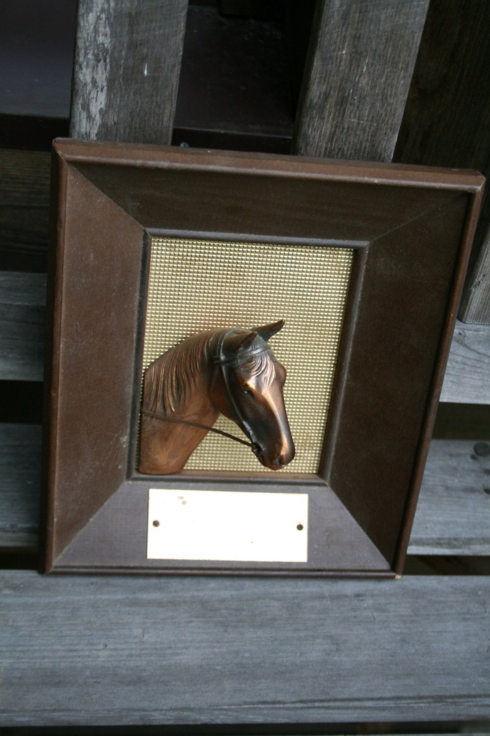 vintage horse trophy not inscribed framed Copper head is 3 dimensional very unusual