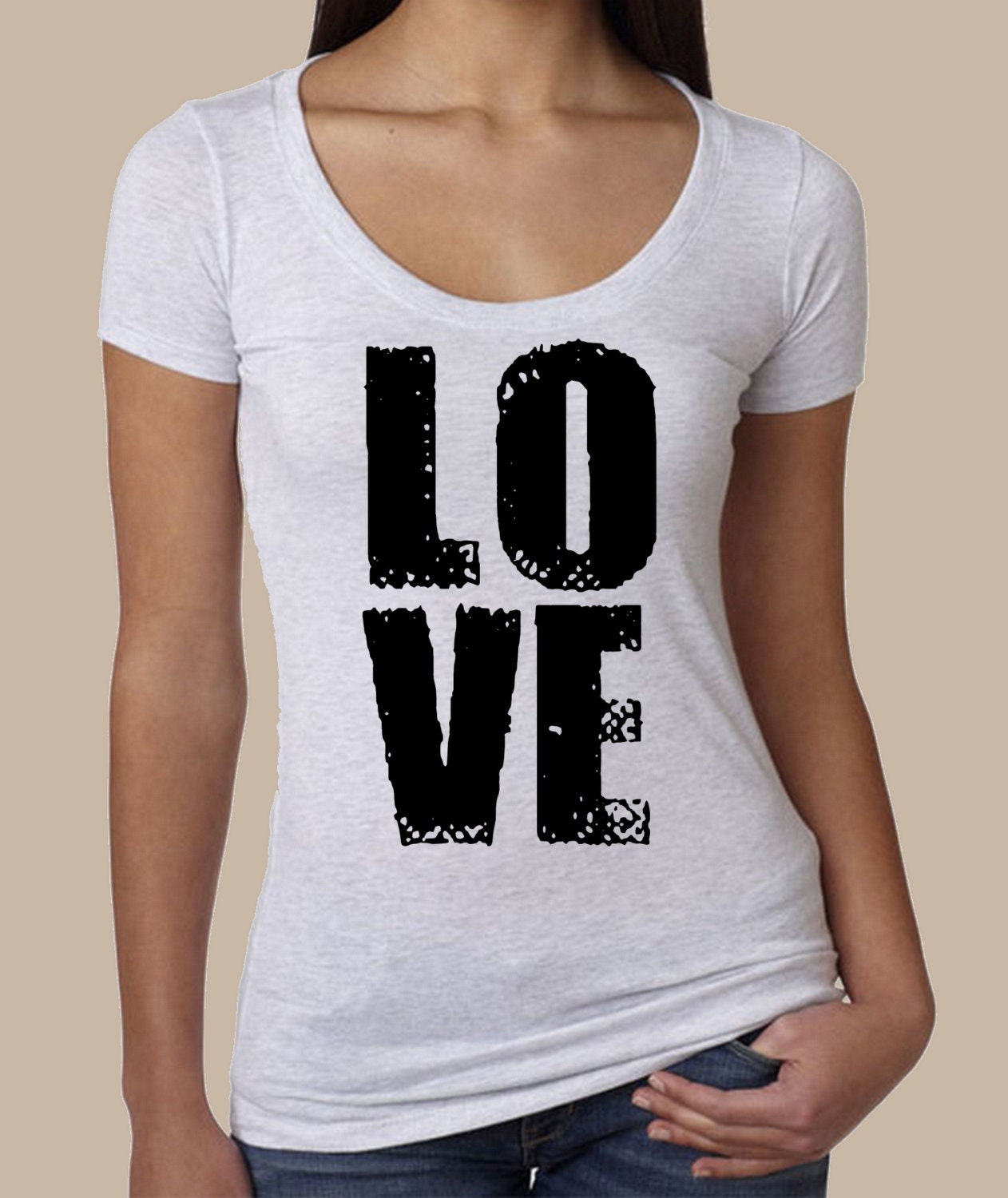LOVE Block letters ladies shirt Tri Blend Scoop Neck silkscreen screenprint