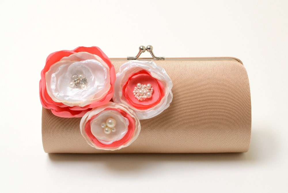 Dark Champagne Latte Clutch - Coral Ivory and White Flower Blooms - Bridesmaid Clutch - Bridal Clutch - Bouquet Clutch Rhinestones & Pearls